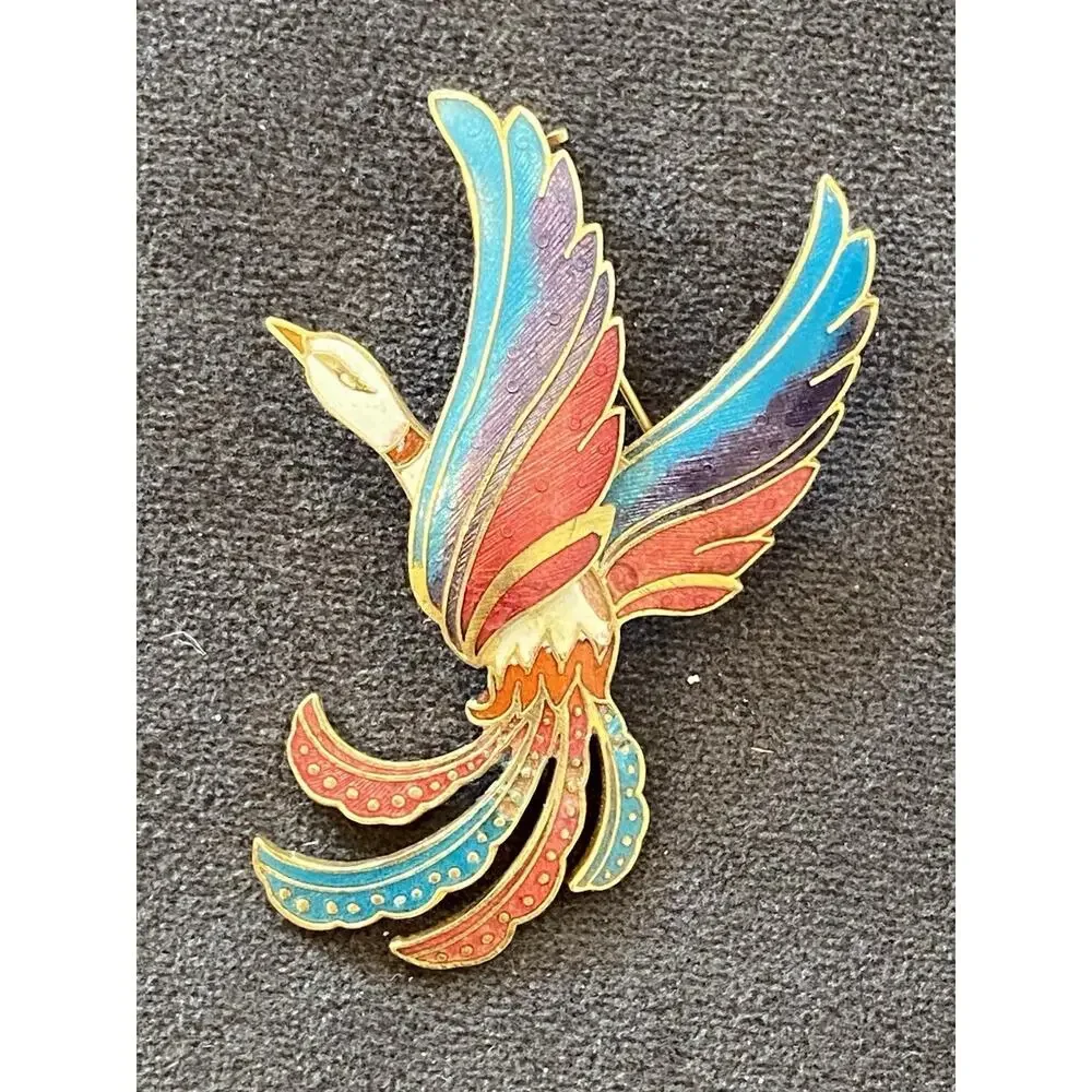Vintage Enamel Peacock Brooch Bird in Flight Gold Tone 2.5 inch Colorful Pin